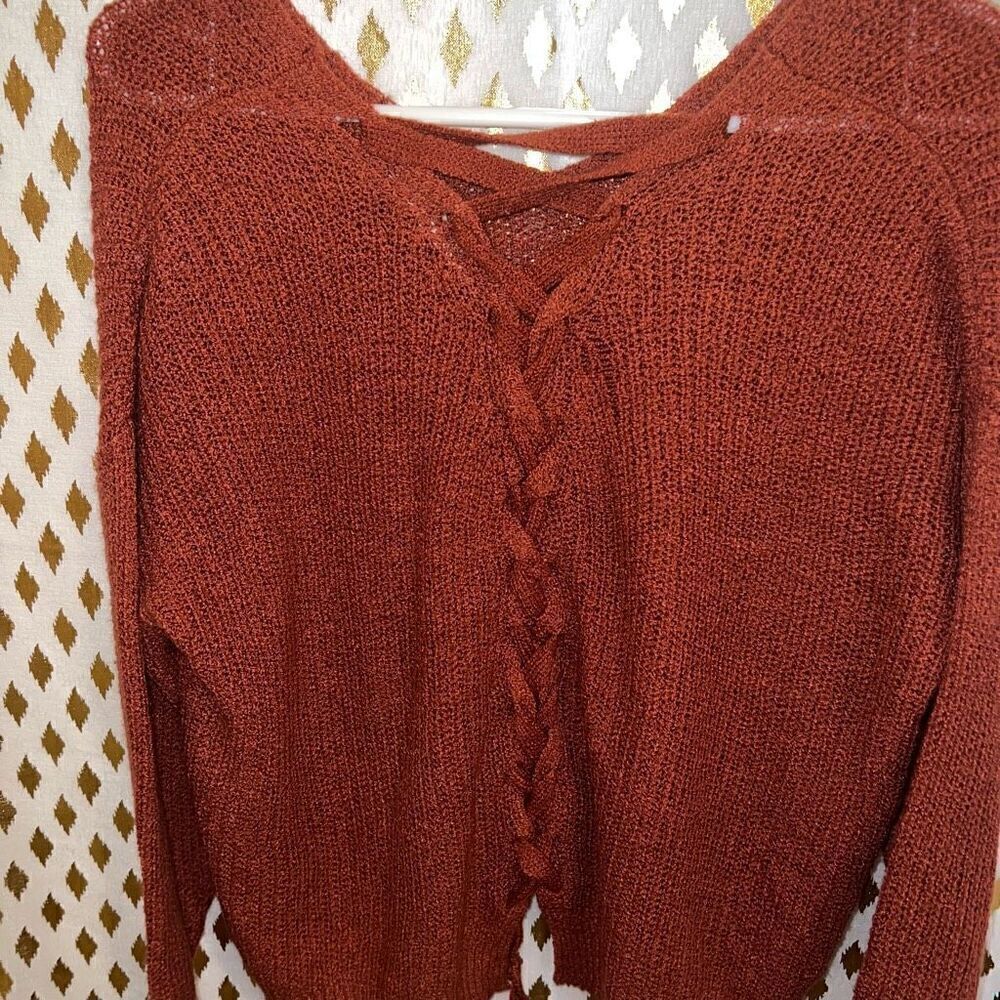 Rust orange lace up Corset sweater v neck size M